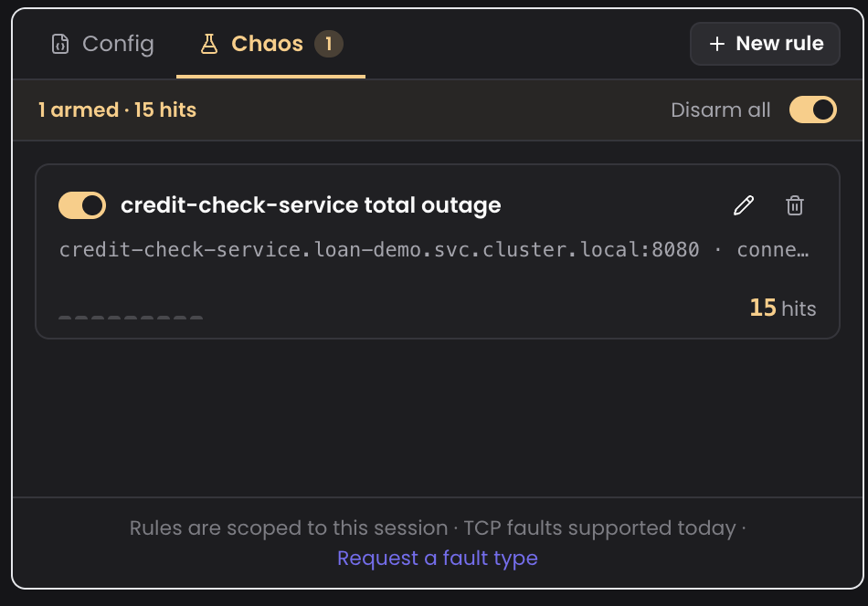 Chaos tab in the mirrord local UI, showing the configured chaos rules and live traffic