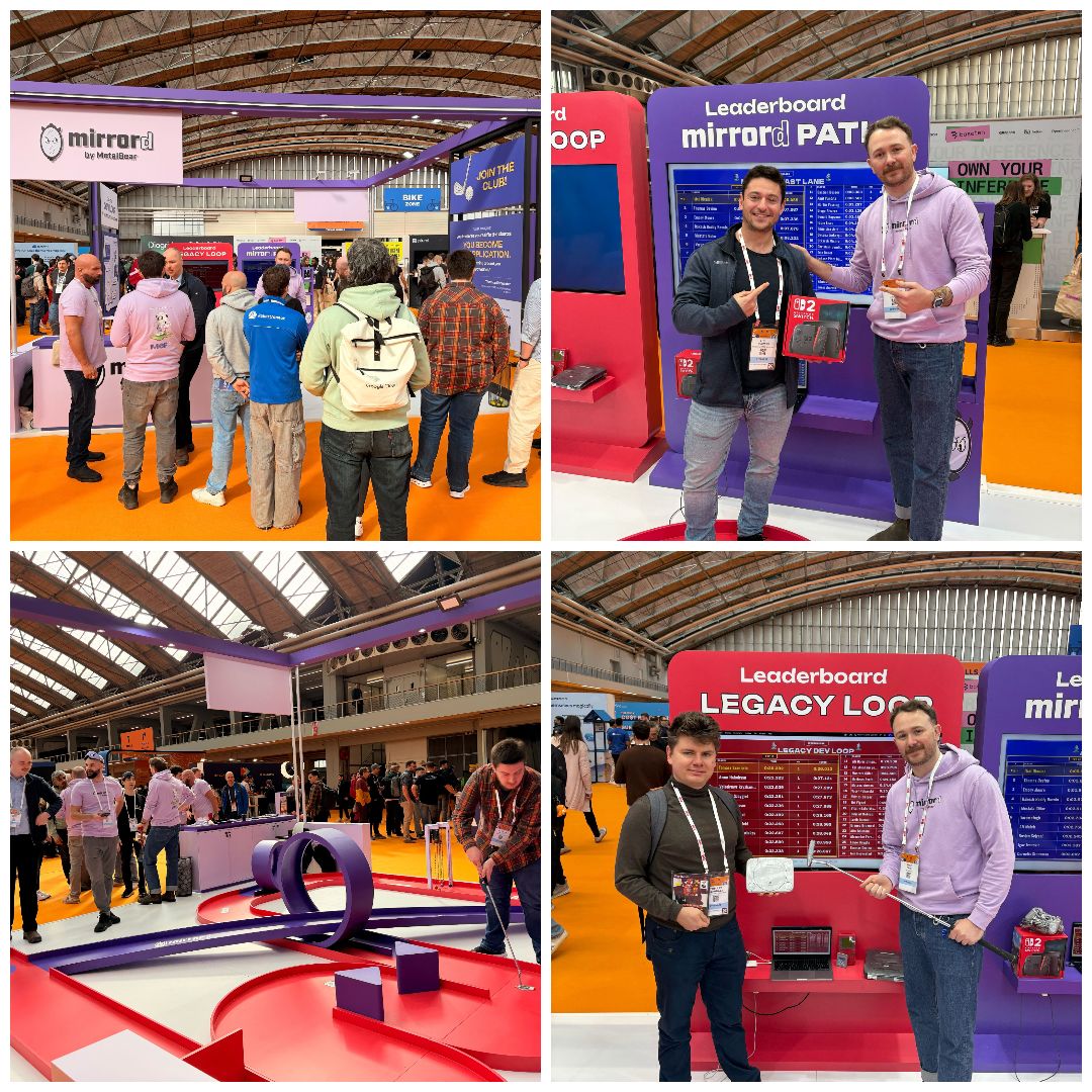 Mini golf completion times showing legacy route at 46.3 seconds and mirrord route at 8.8 seconds