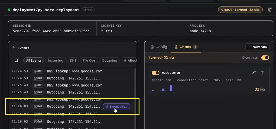 Local UI's Chaos Tab showing chaos rules and live traffic