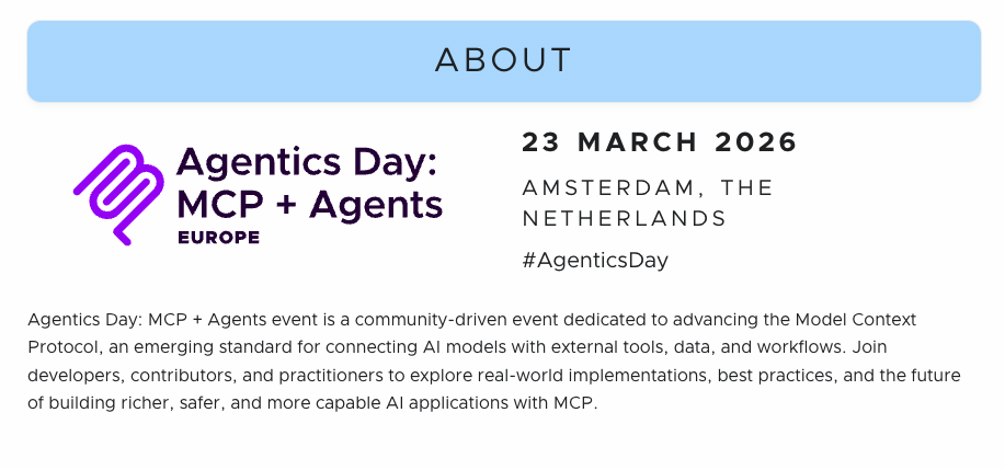 Agentics Day: MCP + Agents co-located event banner for March 23, 2026 in Amsterdam, The Netherlands
